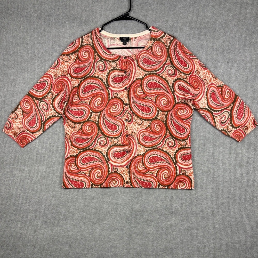 Talbots Pure Merino Wool Cardigan Paisley 3/4 Sleeve 1X Red Orange